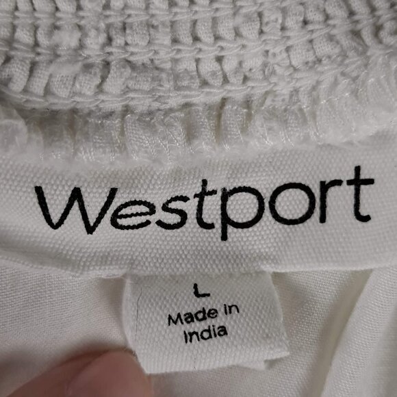 Westport Size Large White Cotton Blouse Smocked Neckline Blue Embroidery Eyelet - Picture 11 of 14